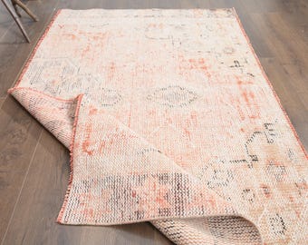 3&#39;3x5&#39;6 ft, ORANGE MINI MAT, Vintage Wool Rug, Handmade Rug, Faded Wool Rug, 3x6 Small Rug, Antique Rug, Bathroom Rug, Star Decor, Washable