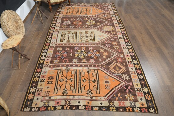 Vintage Flatweave Kilim Rug, 5'8x11'7, Handmade Turkish Wool