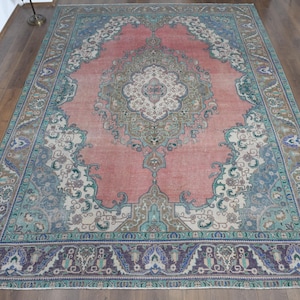 9&#39;3x12&#39;6 ft, VINTAGE PERSIAN RUG, Area Rug, Oushak Decor, Oversized Rug, Wool Rug, Home Decor, Large Rug, Pink Blue Rug, 9x13 Area Rug