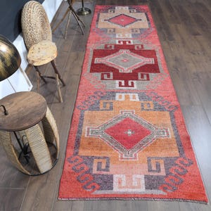 90 cm x 3,35 m, ALFOMBRA TURCA ROSA, Alfombra de corredor colorida, Alfombra de corredor rosa y naranja, Alfombra de corredor Herki, Alfombra vintage Oushak, Alfombra de corredor anudada a mano, Alfombra de corredor con estrellas