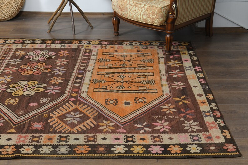 Vintage plattvävd kelimmatta, 160x280 cm, handgjord turkisk ull bild 8