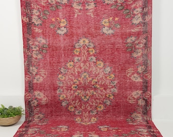 7x10 Red Vintage Rug, Turkish Handwoven Rug | Wool Area Rug for Living Room - 1970s - Oriental - Oushak, - Antique Rug for Farmhouse Decor