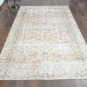 Vintage Turkish Area Rug with Orange Floral Medallion, Distressed Oushak Design in Orange and Blue, Handwoven Wool Oriental Area Carpet 5x8
