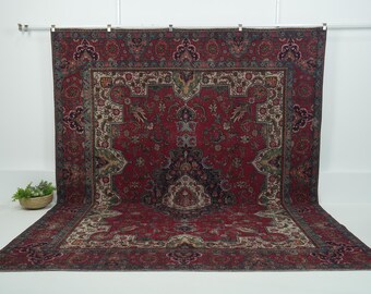 Vintage Wool Rug 10x13, Handwoven | Red Antique Oushak Bohemian 1960, Living room, Bedroom Farmhouse Decor, 9'5" x 12'5"