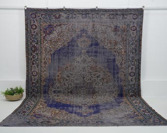 8x12 Orange Vintage Turkish Handmade Rug | Blue Gray Orange Wool Area Rug, Unique Oriental Oushak Carpet, Antique Carpet for Farmhouse Decor