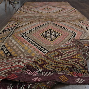 4&#39;6 x 13 pies, KILIM TONO TIERRA, Alfombra Kilim turca, Alfombra corredor de decoración vintage, Alfombra Kilim naranja marrón, Alfombra de pasillo, Alfombra de lana Oushak, Alfombra antigua