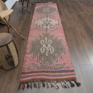 2.6x11.1 ft, PINK HERKI RUNNER, Oushak Vintage Rug, Stair Runner Rug, Kitchen Rug, Pink Brown, Oushak Wool Rug, Eclectic Rug, 3x11 Runner