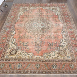 9&#39;4x12&#39;2 ft, ORANGE MINIMALIST RUG, Persian Rug, Vintage Rug, Oversized Handmade Rug, Wool Rug, 9x12 Area Rug, Orange Beige Rug, Living Room