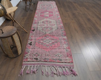 Vintage Turkish Oushak Wool Runner Rug, Purple Pink Hallway Rug (2.9x11.7 ft)