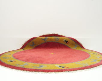 Vintage Turkish Rug Round, Handwoven | Red Yellow Wool Antique Rug 1960s, Living Room Bedroom Rustic Decor, 7'9" x 8'