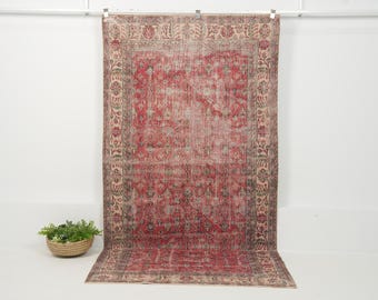 5x9 Red Vintage Turkish Handwoven Rug | Red Wool Area Rug for Kitchen & dining, Unique Oriental Oushak Rug, Antique Rug for Home Decor