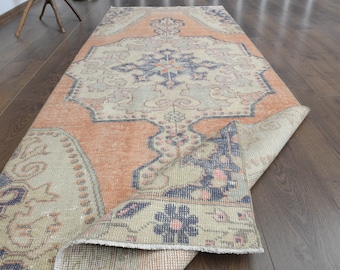 Vintage türkischer Wollläufer Teppich, Orange Beige Boho Dekor (100x200cm)