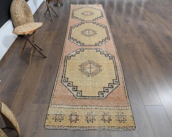 Vintage Türkischer Wollteppich, Orange Beige Oushak Stil, 70x300 cm