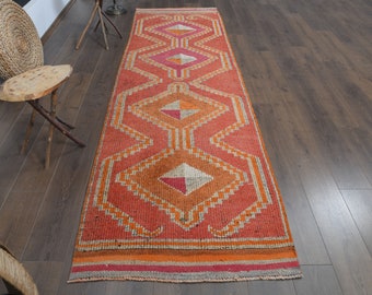Alfombra de lana color naranja coral, alfombra turca Oushak vintage, 3'2 x 10'5 pies