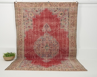 7x10 Vintage Rug - Red, Blue, Beige- Turkish, Oriental - Wool, Cotton - Ideal for Bedroom - Medallion - 1970s - 6'7" x 10'0"