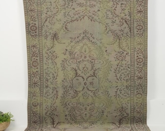 Vintage Turkish Rug 5x9, Handwoven | Green Wool Antique Oushak 1970s, Living Room Bedroom Farmhouse Decor, 5'4" x 8'6"
