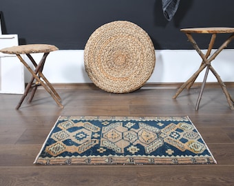 1&#39;7x2&#39;9 ft, VINTAGE SMALL RUG, Oushak Rug, Wool Rug, Turkish Mini Rug, Geometric Small Rug, Handmade Rug, Orange Blue Rug, Bathmat, Doormat