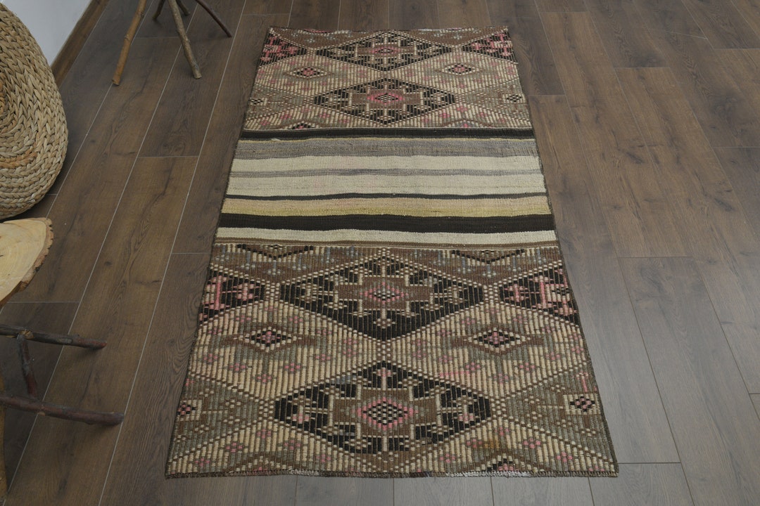 3x5'4 Ft. NEUTRAL TURKISH RUG, Kilim Flatweave Rug, Beige Brown Kilim ...