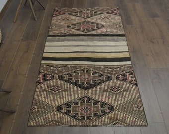 Vintage neutral turkisk kelimmatta, beigebrun randig plattvävd (9x1,5 m)