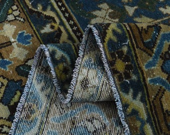 9'3x11'7 ft, SPECIAL VINTAGE RUG, Olive Green and Blue Area Rug, Check Motif, Handmade Wool Rug, Rug For Living Room, Home Decor, Rug 9x12