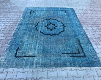 Vintage Oushak Wool Rug, Blue Turkish Area Rug (7'4x10'4 ft)
