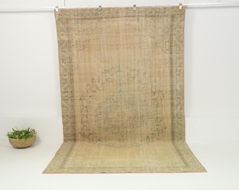 6x10 Turkish Rug - Beige, Green - Vintage - 1970s - Oriental, Oushak - Wool, Cotton - Rug for Living Room - Medallion - 5'8" x 9'7"