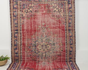 6x9 Red Vintage Turkish Hand-Knotted Rug | Red Wool Area Rug, Unique Oriental Oushak Carpet, Antique Carpet for Home Decor