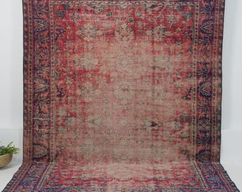 Vintage Turkish Rug 6x9, Handwoven | Red Wool Antique Oushak 1970s, Living Room Bedroom Farmhouse Decor, 6'8" x 9'6"
