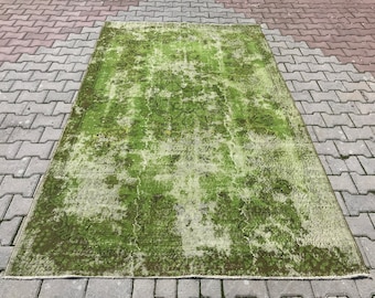 Vintage Green Oushak Rug, Hand-Knotted Turkish Wool Carpet (5.4x8.9 ft)