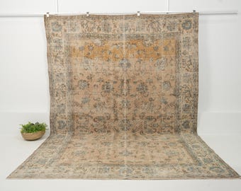 8x11 Beige Vintage Turkish Hand-Knotted Rug | Beige Wool Area Rug, Unique Oriental Oushak Carpet, Antique Carpet for Interior Design