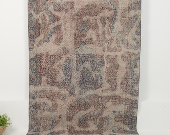 Vintage Turkish Rug 4x8, Handmade | Brown Blue Wool Antique Oushak 1970s, Living Room Bedroom Bohemian Decor, 4'3" x 7'9"