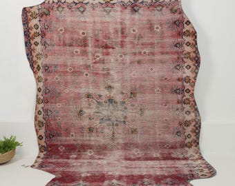 Vintage Turkish Rug 6x10, Handwoven | Red Wool Antique Oushak 1970s, Living Room Bedroom Farmhouse Decor, 6'2" x 9'7"