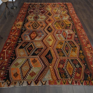 6'8x12'3 ft, FLATWEAVE, Colorful Kilim Rug, Vintage Turkish Rug, Orange Brown Kilim, Oushak Rug, Wool Rug, Washable Rug, Living Room Rug