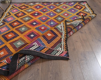 1,5 x 2,1 m, BOHO CHIC INREDNING, Rutig kelimmatta, Slätvävd kelim, Turkisk matta, Vintagematta, Flätad ullmatta, Färgglad handgjord matta, 1,5 x 2,1 m