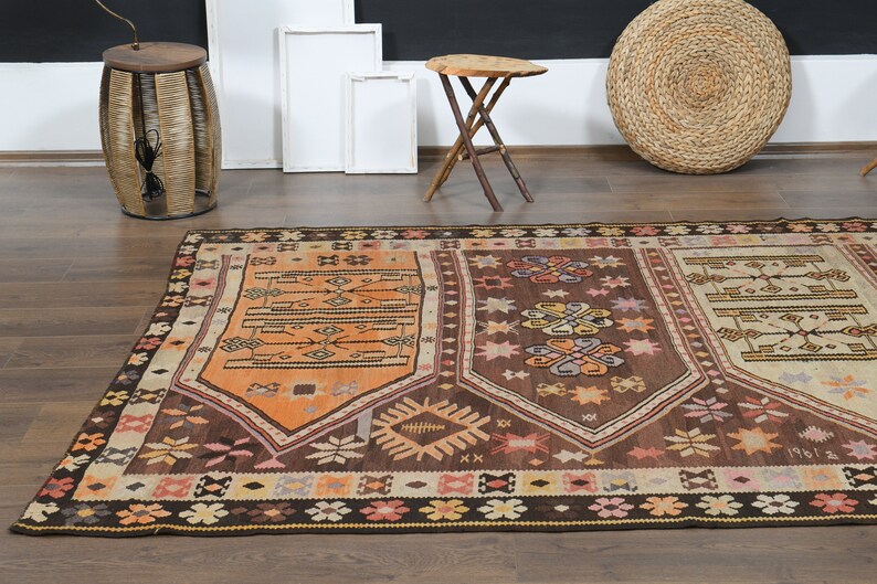 Vintage plattvävd kelimmatta, 160x280 cm, handgjord turkisk ull bild 10