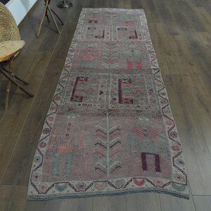3&#39;1x9&#39;6 ft, HUMAN MOTIFS RUNNER, Vintage Rug, Turkish Oushak Rug, Hallway Rug, Stair Runner Rug, Wool Runner Rug, Purple Rug, Kitchen Rug