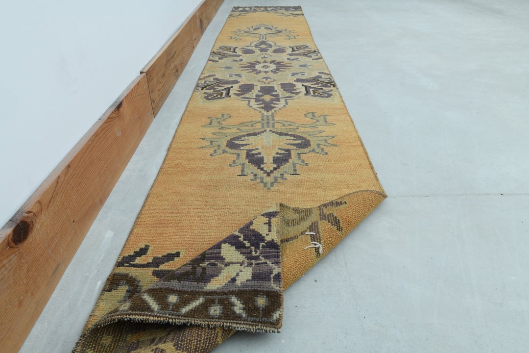 Vintage Oushak Turkish Rug, Wool Hallway Runner, Orange Star Rug