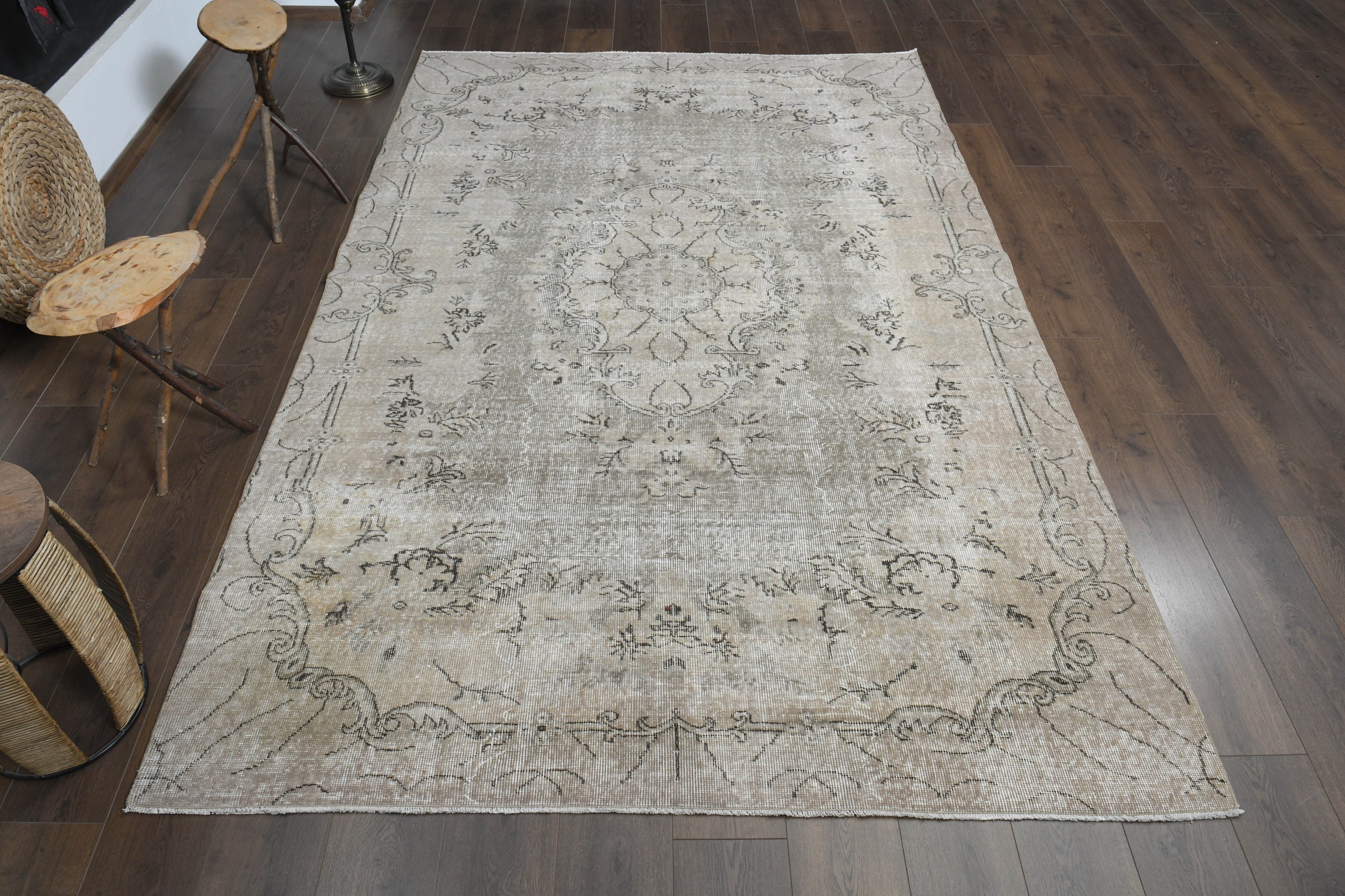 ベージュ　ヴィンテージラグ　トルコラグ 6'3x9'9フィート、ブラウンベージュラグ、トルコ製ヴィンテージ