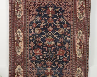 Vintage Wool Rug 5x7, Handwoven | Blue Antique Oushak Area 1950, Living room, Bedroom Rustic Decor, 4'9" x 7'1"