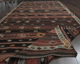 Alfombra turca Oushak vintage, 1,70 x 3,78 m, Kilim de lana tejido a mano, decoración a rayas marrones