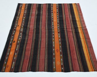 Colorful Striped Turkish Rug, Vintage Wool Kilim, 4.7x5.2 ft
