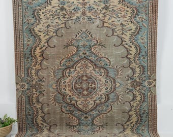 Turkish Wool Rug 6x9 Oriental | Brown Beige Blue Oushak Area, Living Room Bedroom Rustic Decor, 5'7" x 8'7"