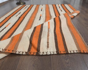 100x200 cm, BEIGE ORANGE KILIM, Flachgewebe Kelim, Türkischer Teppich, Vintage Handgemachter Teppich, Oushak Teppich, Geflochtener Wollteppich, 100x150, Wohnzimmer