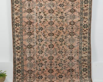 Vintage Turkish Rug 5x9, Handmade | Orange Wool Antique Oushak 1970s, Living Room Bedroom Farmhouse Decor, 5' x 8'8"