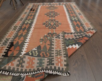 Vintage Turkish Oushak Runner Rug, Orange Green Wool Rug (3x6.2 ft)