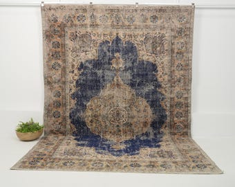 Vintage Wool Rug 7x10, Handmade | Blue Antique Turkish Area 1950, Living room, Bedroom Bohemian Decor, 7'2" x 10'1"