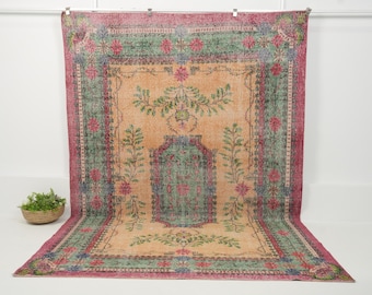 Vintage Wool Rug 7x11, Handmade | Warm Orange, Green, Red Antique Turkish Area 1950, Living room, Bedroom Bohemian Decor, 7'1" x 10'6"