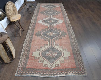 Orange Turkish Oushak Runner Rug, Vintage Wool, 4x12 ft