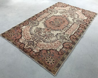 Beige Pink Floral Oushak Rug, 6x9 ft, Handwoven Turkish Wool Rug, Antique Rug, Living Room Rug