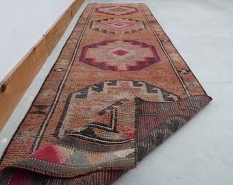 Alfombra de lana vintage Oushak, naranja y rosa, 2,8 x 11,6 pies